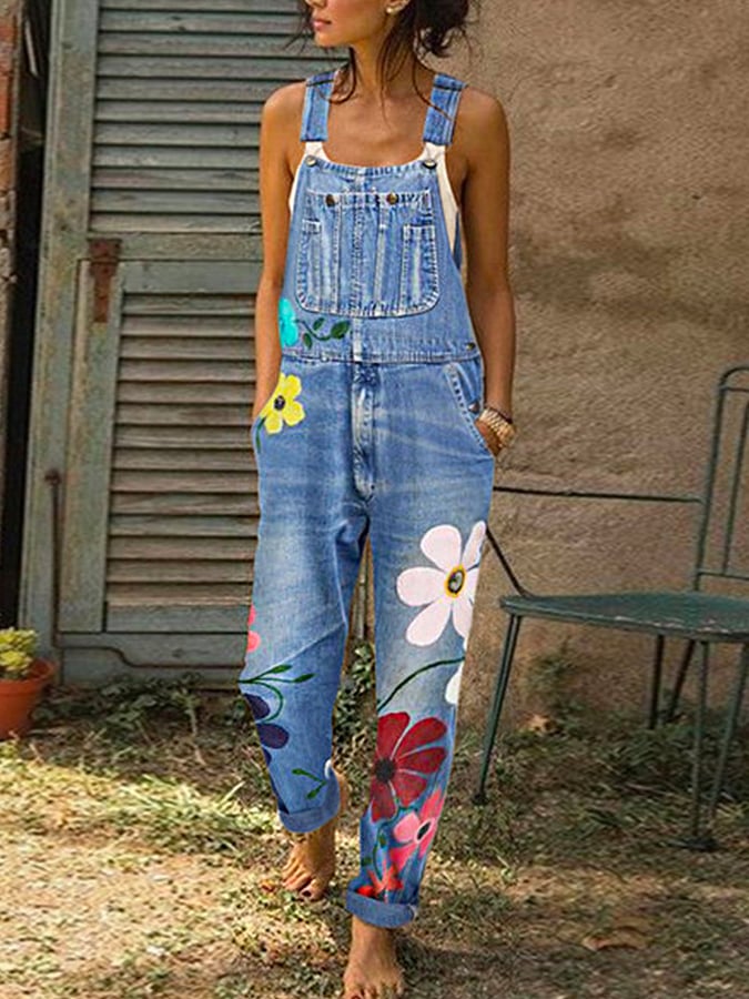 floral print denim overalls