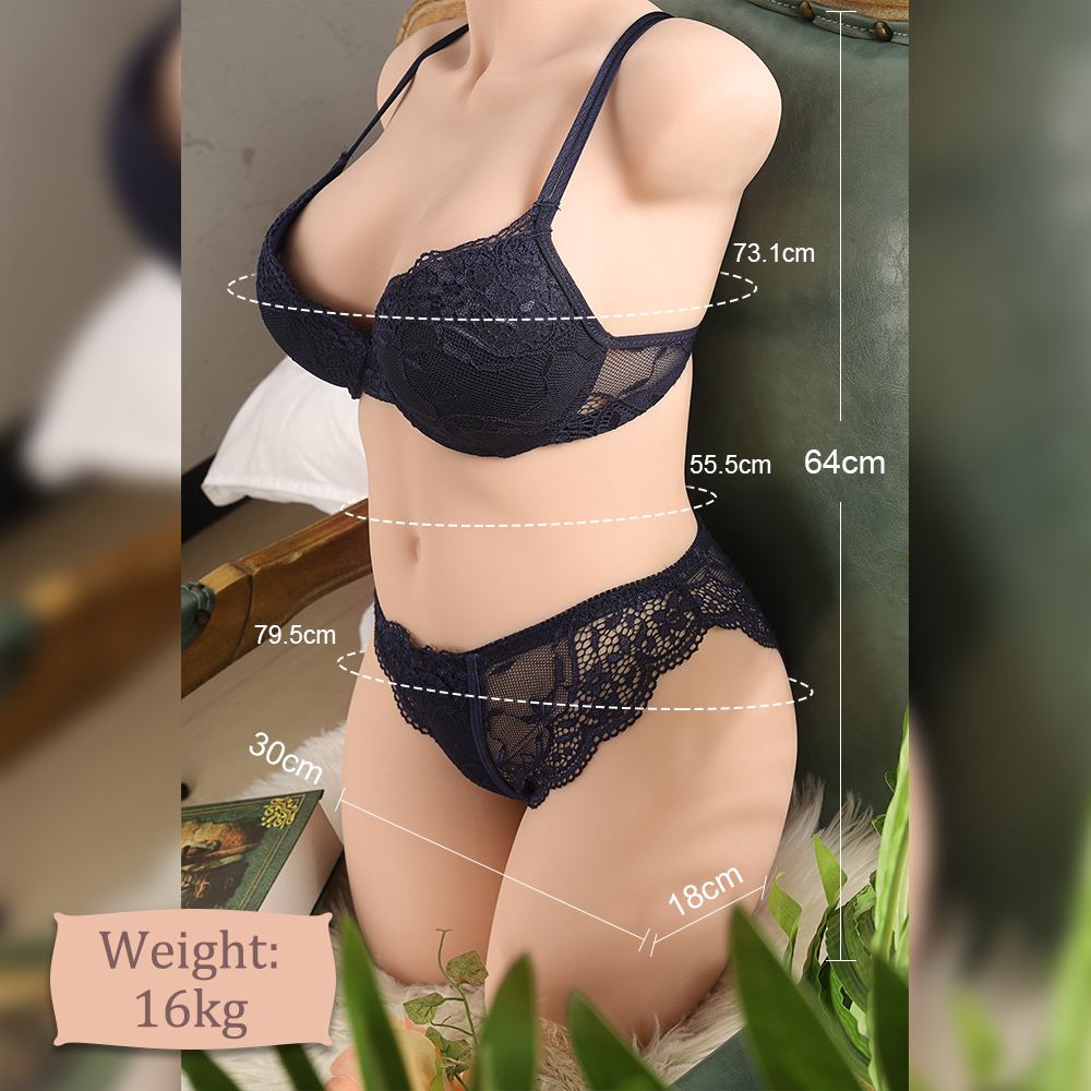 Realistic life-size BBW sex doll torso in black lingerie with displayed measurements: 73.1 cm bust, 55.5 cm waist, 64 cm length, 79.5 cm hip circumference and 16 kg weight.