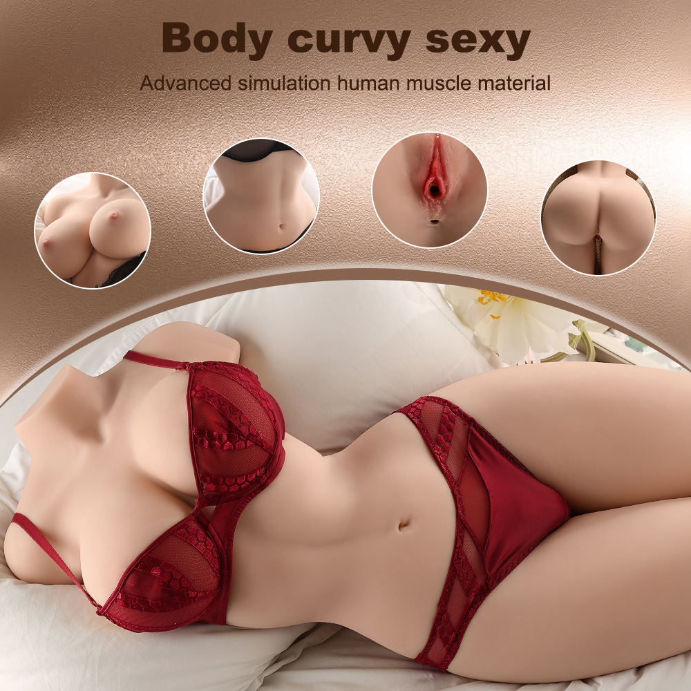 Life-size realistic sex doll torso in red lingerie showcasing breasts, realistic genitalia, and buttocks. Text reads 'Body curvy sexy' and 'Advanced simulation human muscle material.'