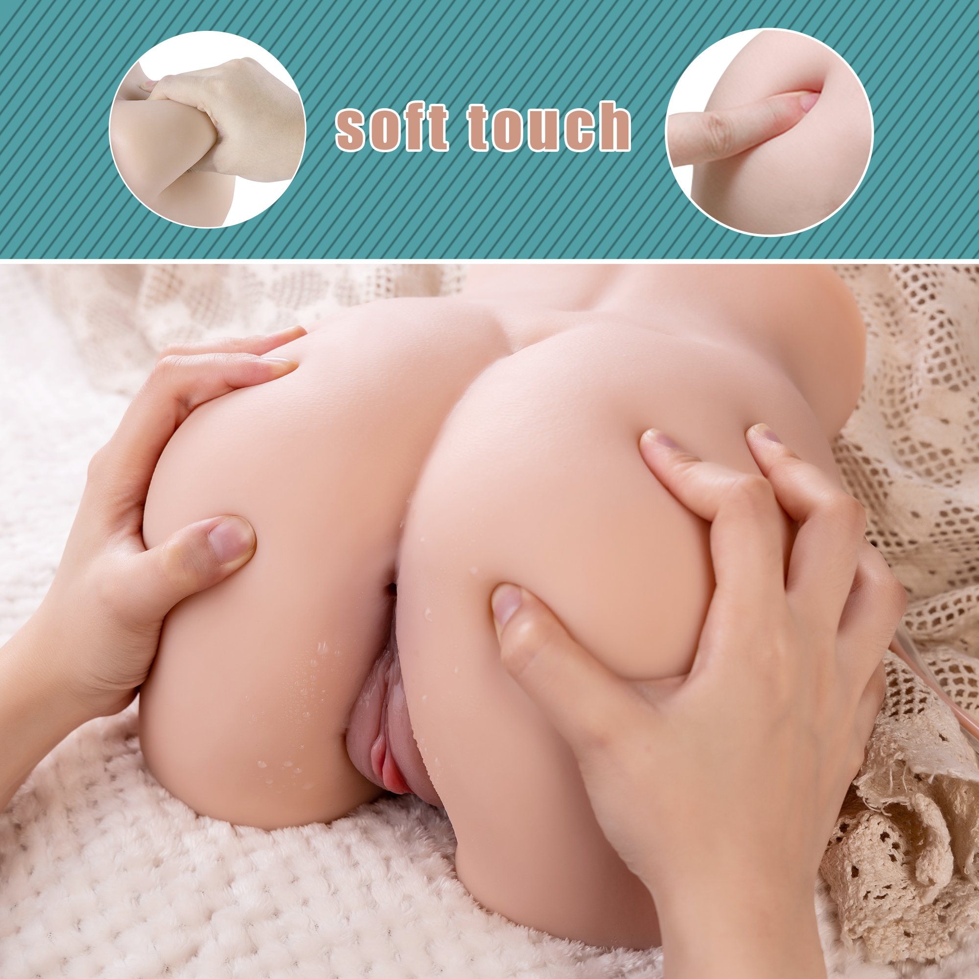 Person holding a realistic life-size ass sex doll torso, emphasizing the doll's soft and realistic skin texture with 'soft touch' text and insets showing squeezing details.
