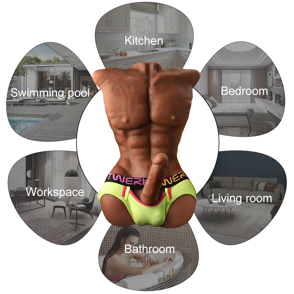 Male sex doll torso with a realistic flexible penis in neon green underwear, surrounded by images of a kitchen, bedroom, living room, bathroom, workspace, and swimming pool, symbolizing various usage locations.