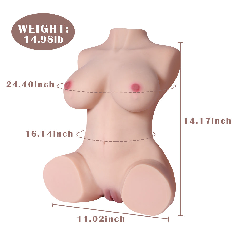Realistic sex doll torso with labeled measurements: 14.98lb weight, 24.40 inches bust circumference, 16.14 inches hip circumference, 14.17 inches length, and 11.02 inches width.