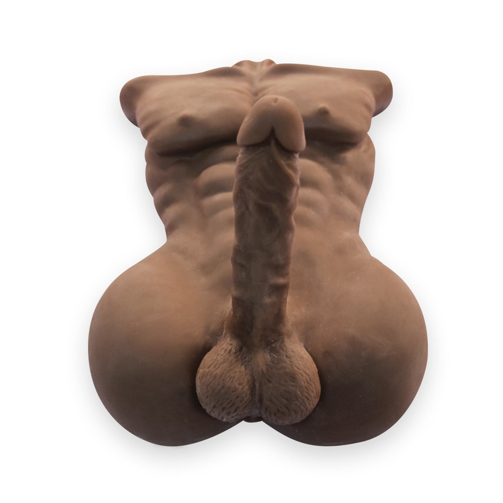 Life-sized male torso sex doll with well-defined abs, chest muscles, erect penis, and detailed testicles, made from premium TPE material.