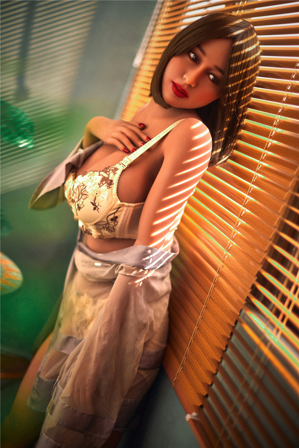 Margaret TPE sex doll with bra and robe, near wooden shutter