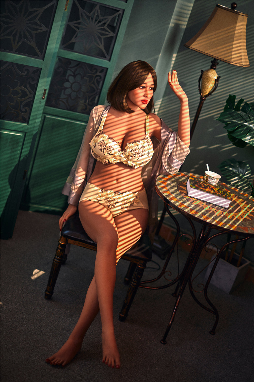 Margaret TPE doll in lingerie by window, sunlight