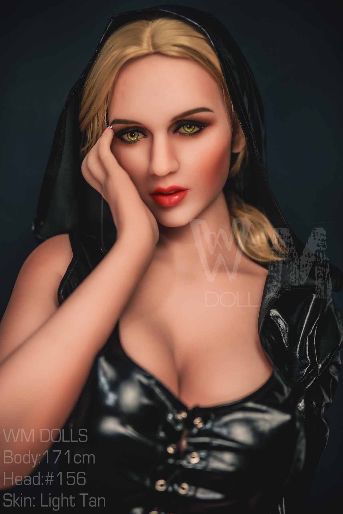 Johanna TPE doll headshot with green eyes and hood