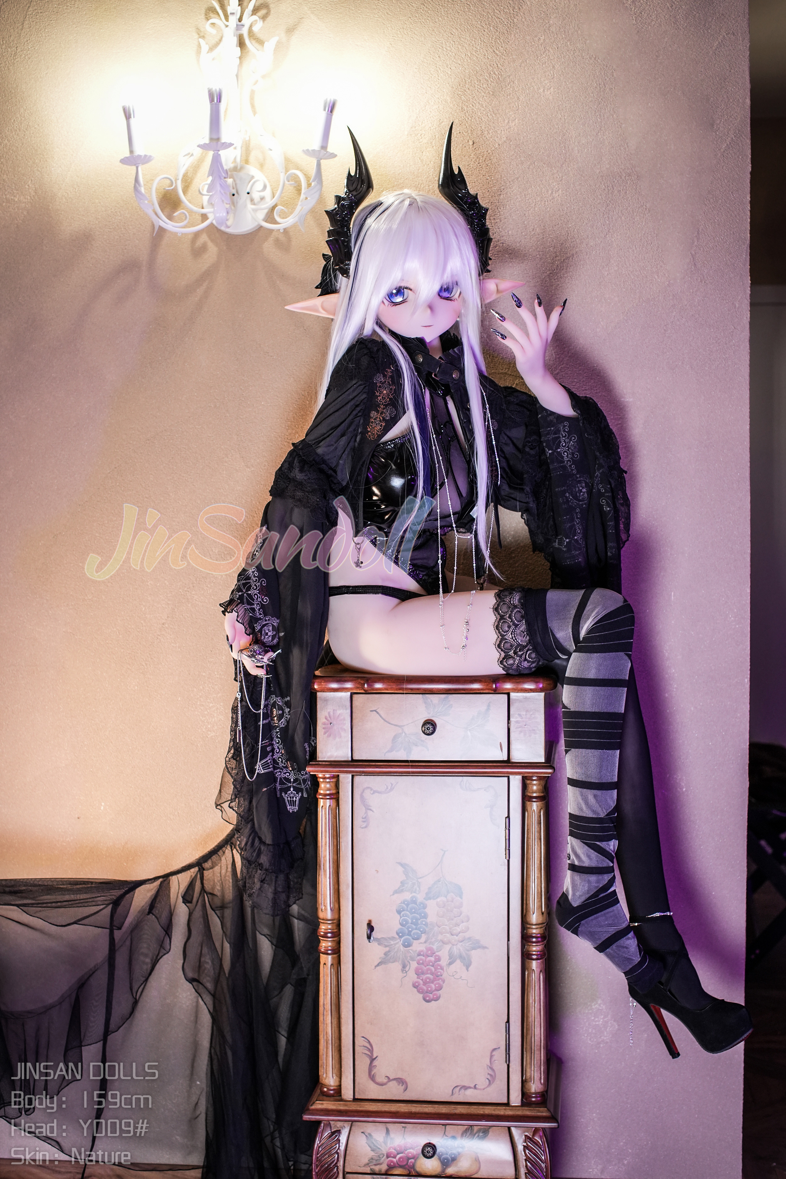 Elita sex doll sitting on a vintage cabinet, fantasy style