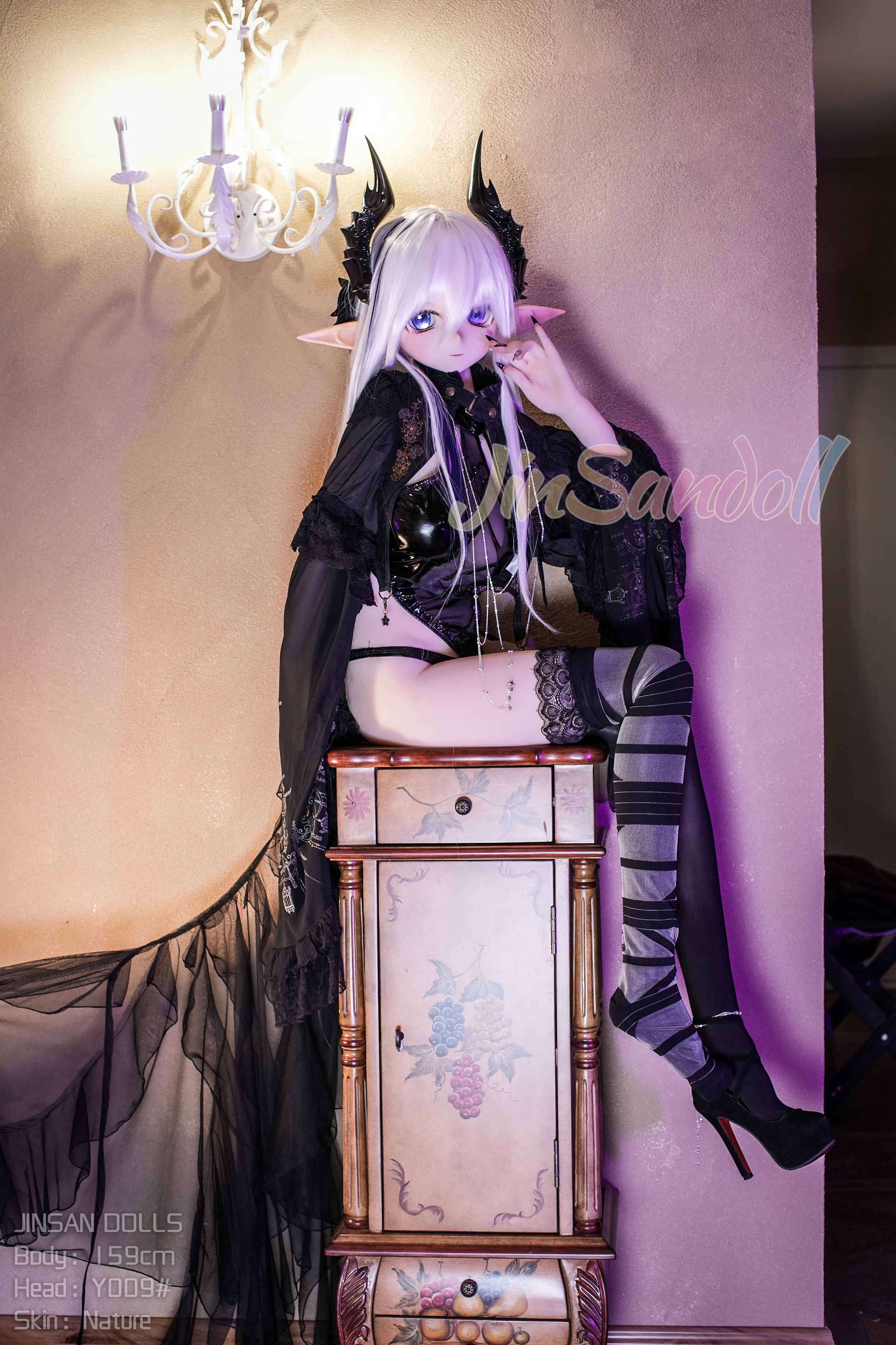 Elita TPE doll, gothic style, sitting on antique cabinet, Jinsan Dolls
