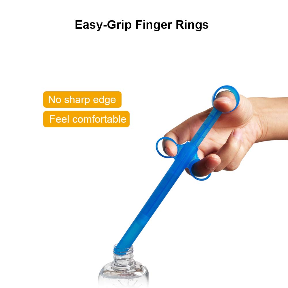 Blue lube applicator with easy-grip finger rings held by a hand, inserting into a clear bottle. Text reads 'Easy-Grip Finger Rings', 'No sharp edge', and 'Feel comfortable'.