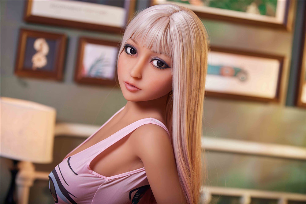 Miyuki sex doll, blonde hair, pink top, lifelike appearance.