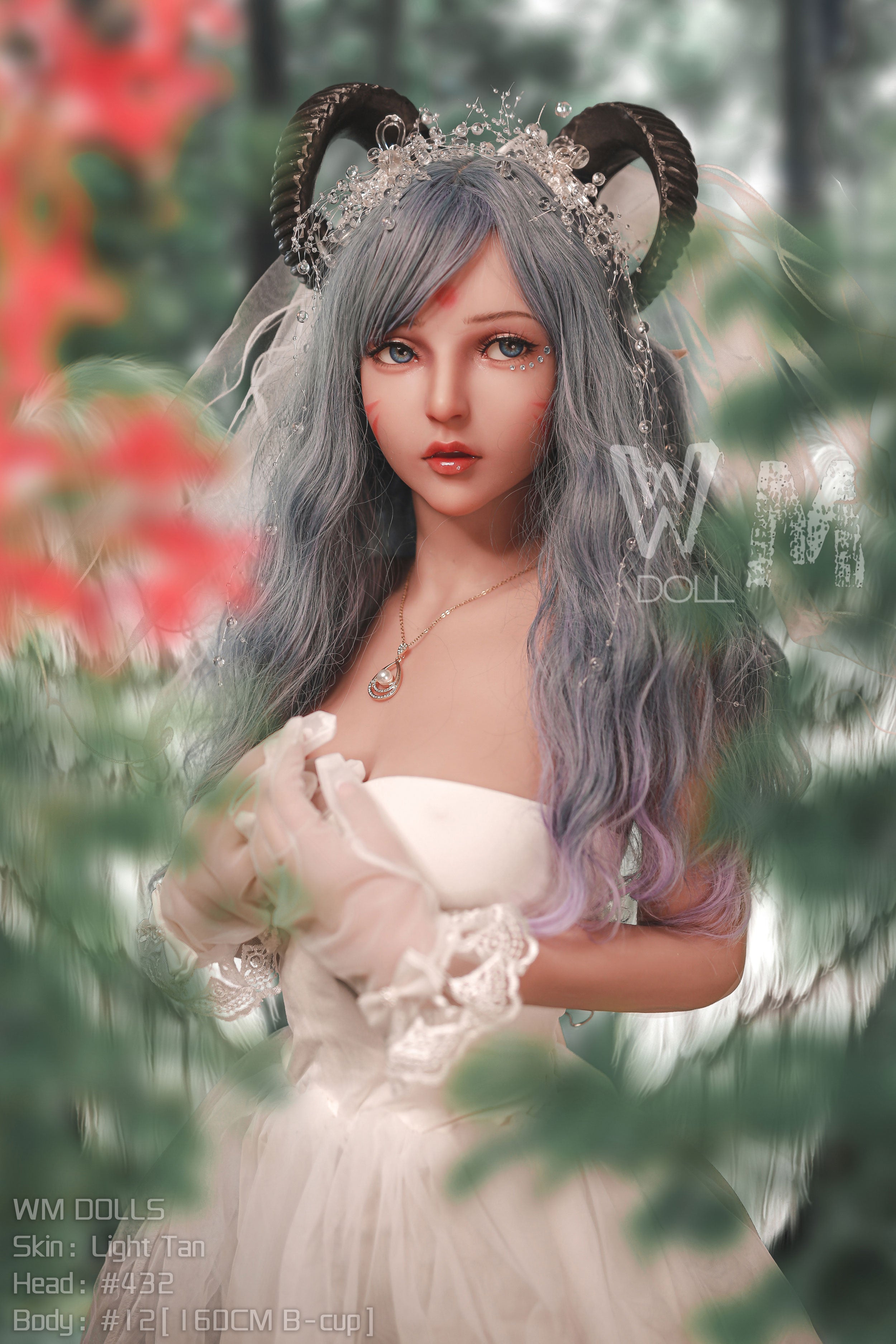 Simona sex doll in a white dress with horns and veil, WM DOLLS.