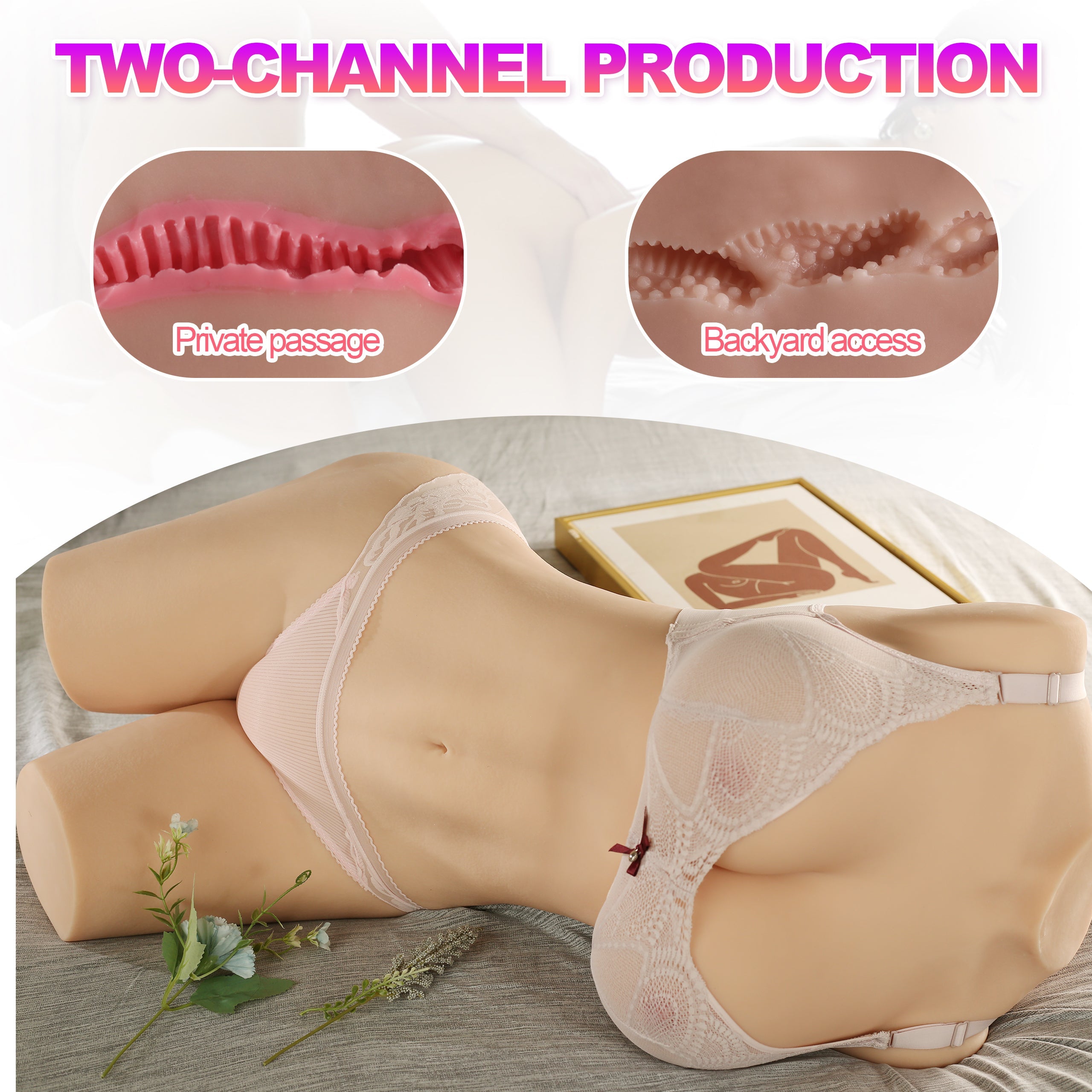 Life-size realistic sex doll torso in lingerie showcasing two-channel production with close-up views of the private passage and backyard access.