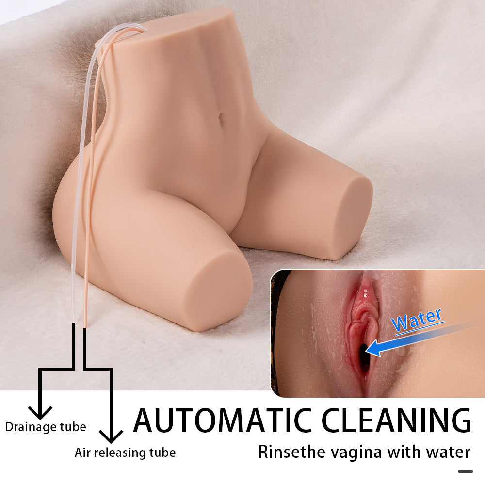 Realistic life-size sex doll torso with automatic cleaning, showing drainage and air releasing tubes, featuring water rinsing vaginal area