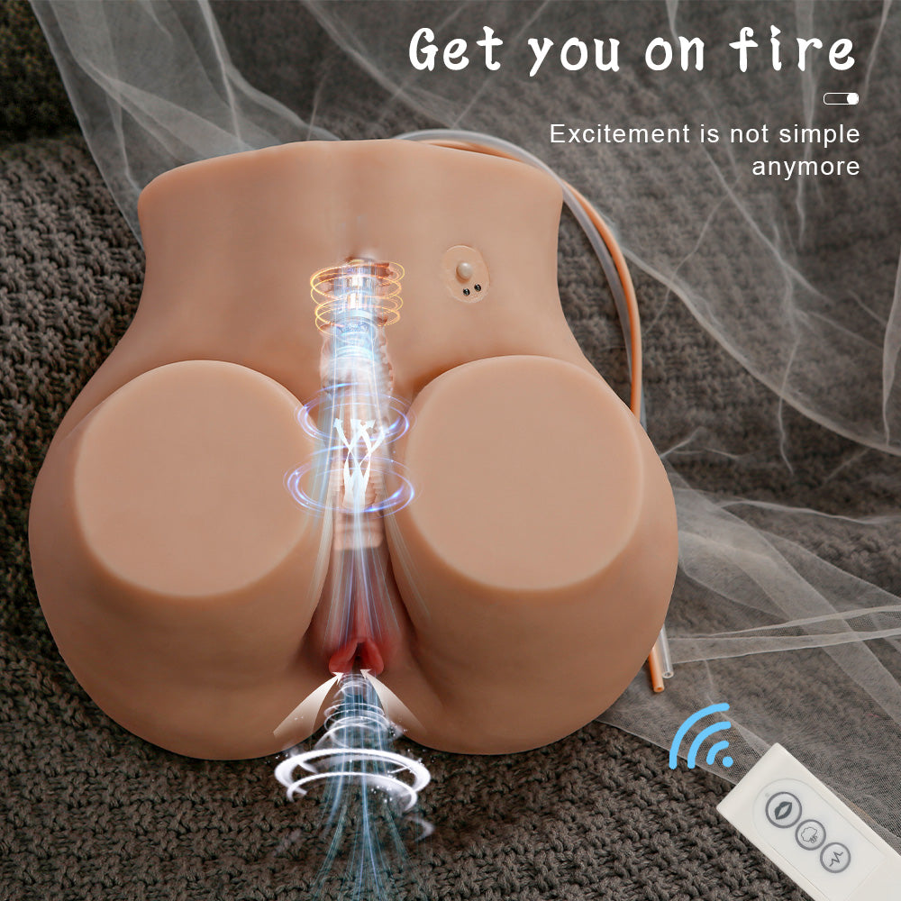 Realistic life-size torso sex doll with vibrating mechanisms illustrated, remote control, and text 'Get you on fire' and 'Excitement is not simple anymore'.