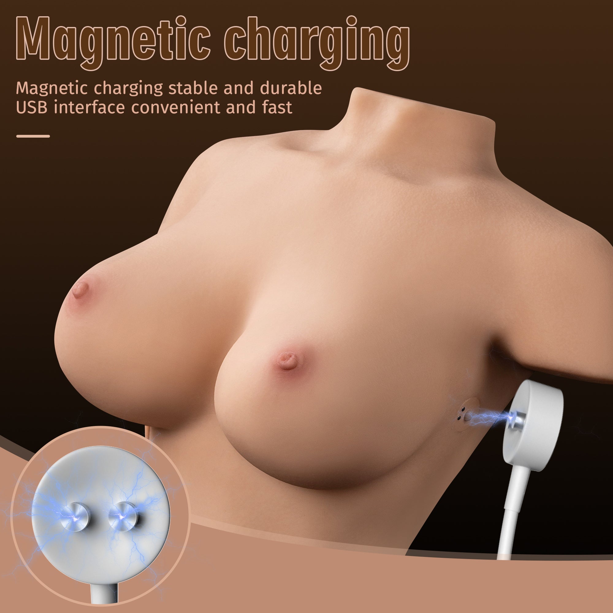 Realistic life-size sex doll torso with large breasts, charged via magnetic USB charger. Text reads 'Magnetic charging' and highlights stable, durable, convenient, and fast charging.