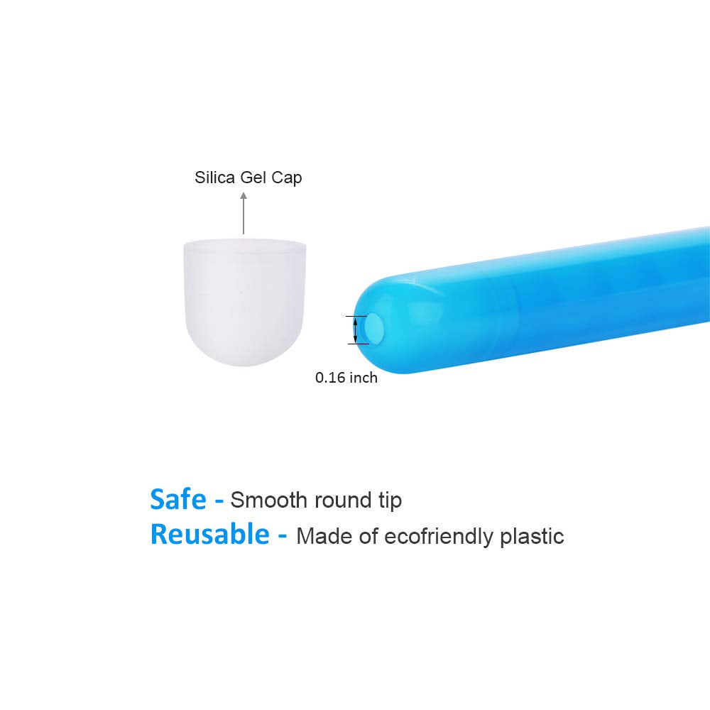 Lilysuck 2PCS Lube Applicator featuring a smooth round blue tip and silica gel cap, with text highlighting 'Safe - Smooth round tip' and 'Reusable - Made of ecofriendly plastic.'