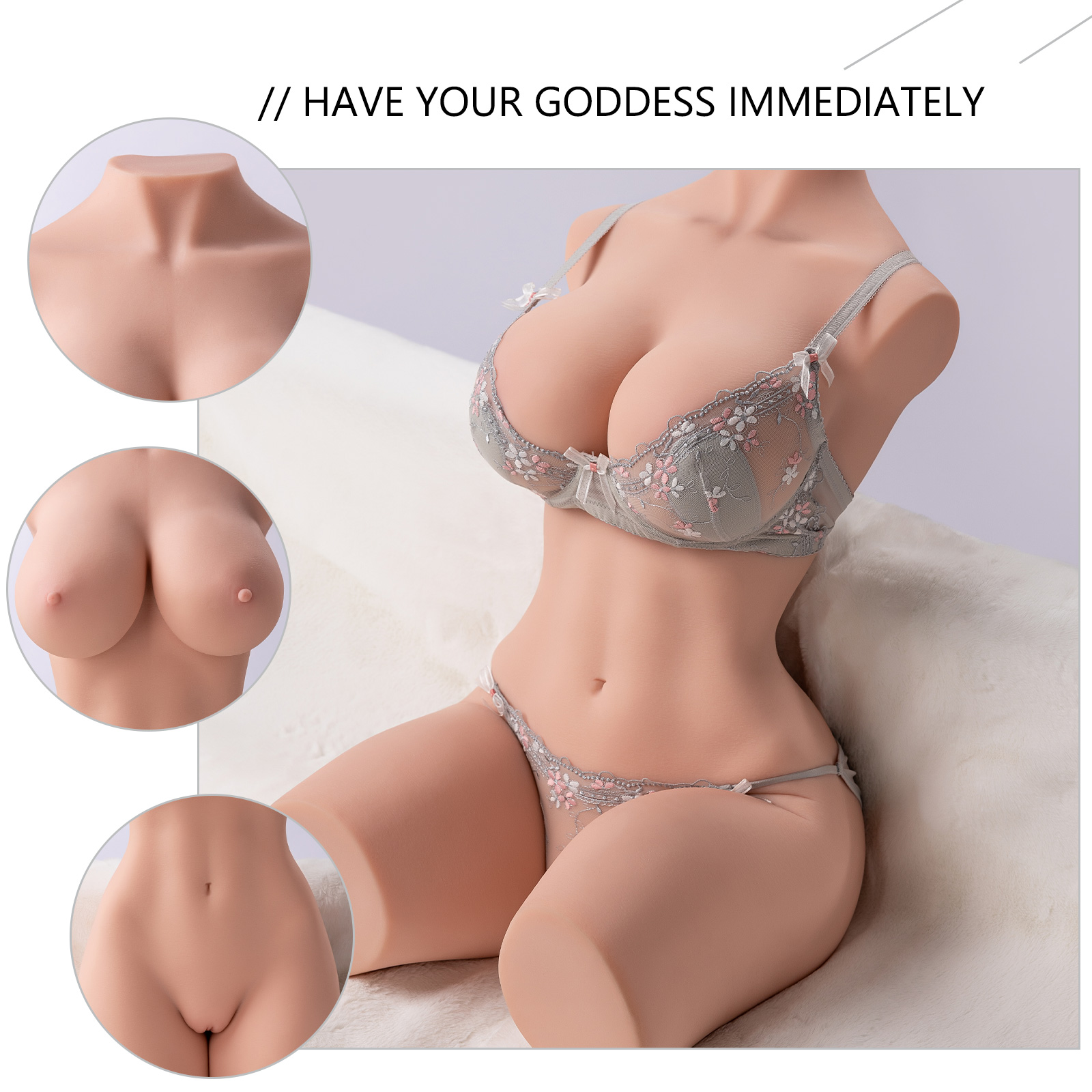 Erica 2.0 torso sex doll wearing floral lingerie, highlighting realistic gel breasts and detailed lifelike body with the text 'HAVE YOUR GODDESS IMMEDIATELY' at the top.