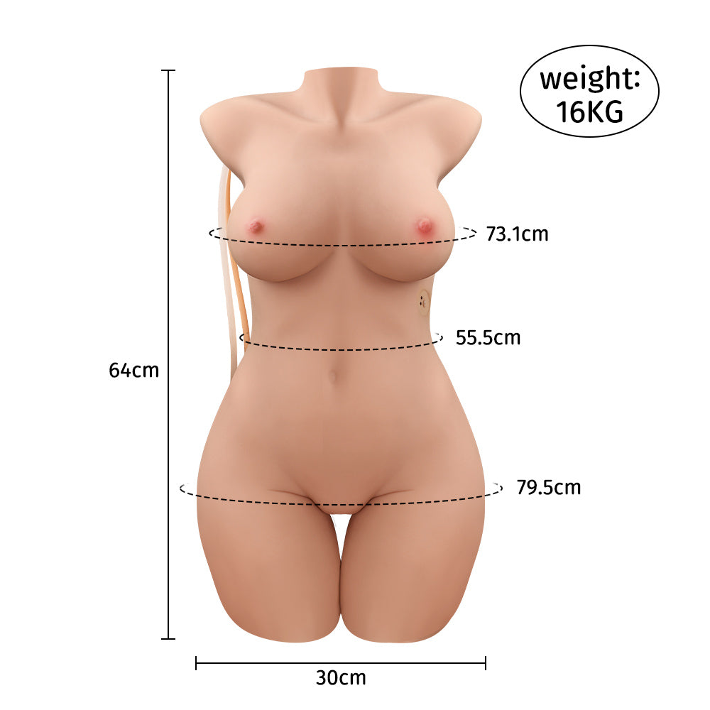 Isabella Auto sex doll torso detailed measurements with a height of 64cm, shoulder width of 30cm, bust of 73.1cm, waist of 55.5cm, hip of 79.5cm, and weight of 16kg