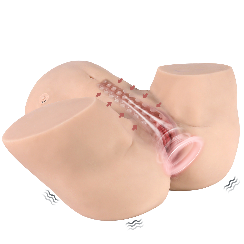 Ingrid 36.6 LB Vibrating Sucking Electric Hip Torso Sex Doll with arrows showing sucking and vibrating functions