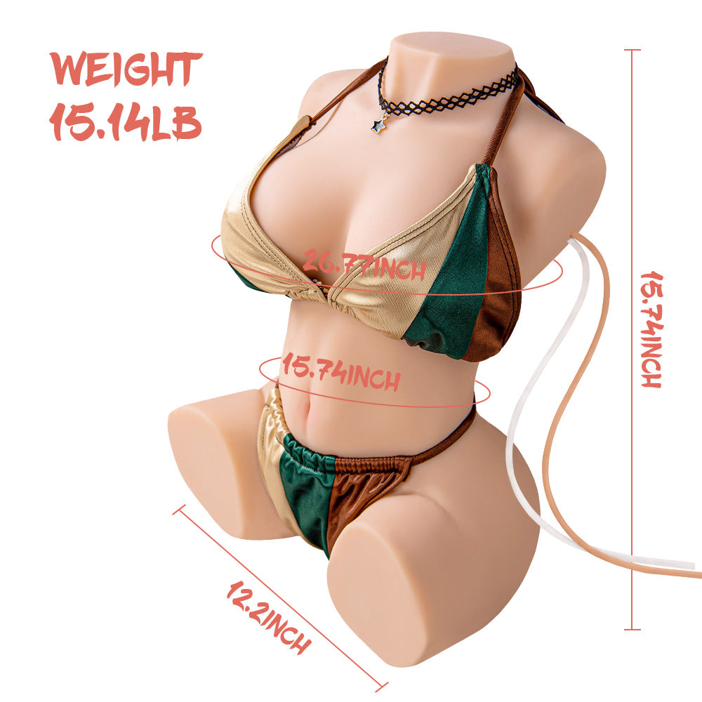Mini TPE sex doll torso with soft busty breasts in a multi-colored bikini, weight 15.14 pounds, dimensions 26.77 inches bust, 15.74 inches height, and 12.2 inches width.