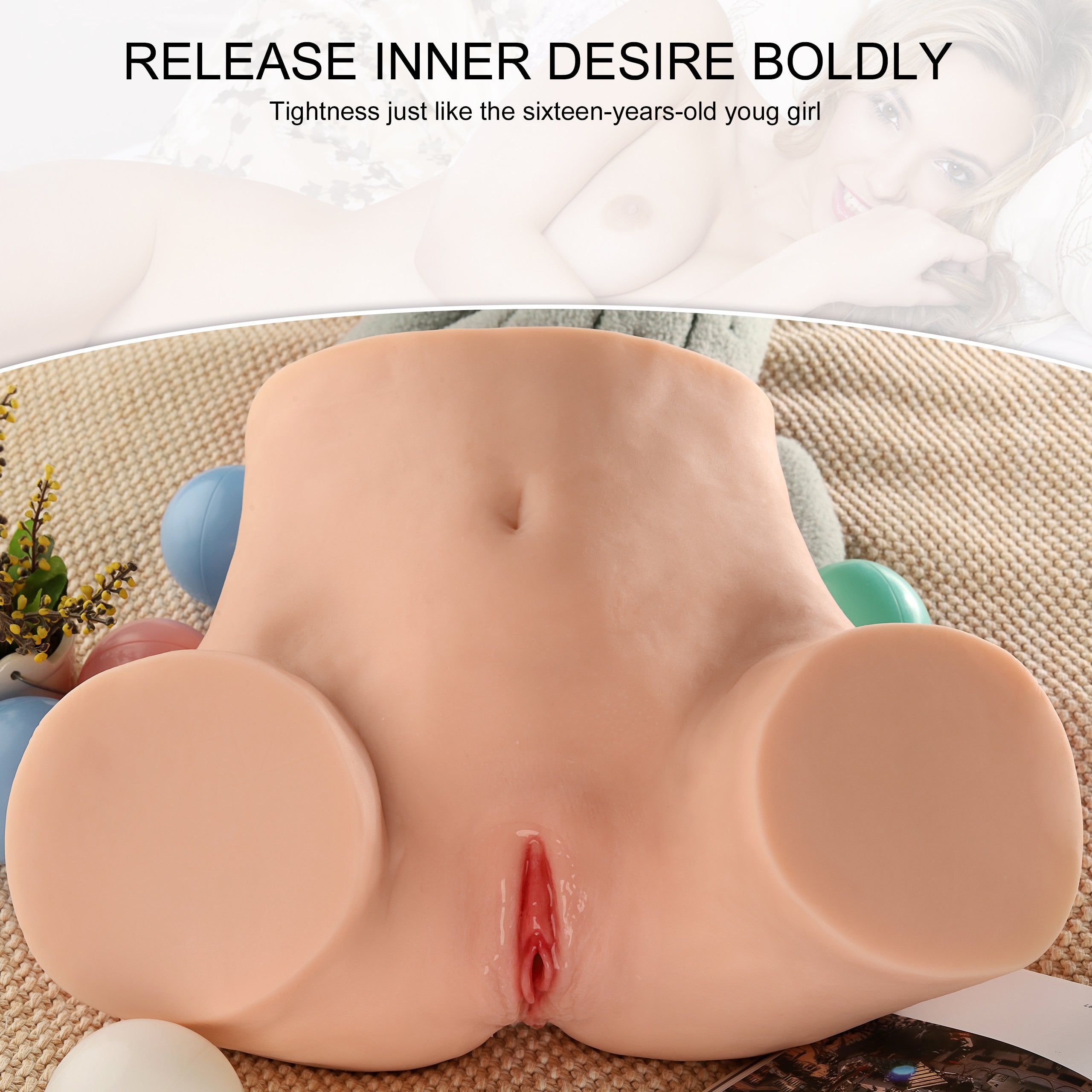 Realistic life-size sex doll torso with detailed vagina on a textured surface with colorful balls around, text reads 'RELEASE INNER DESIRE BOLDLY Tightness just like the sixteen-years-old youg girl'
