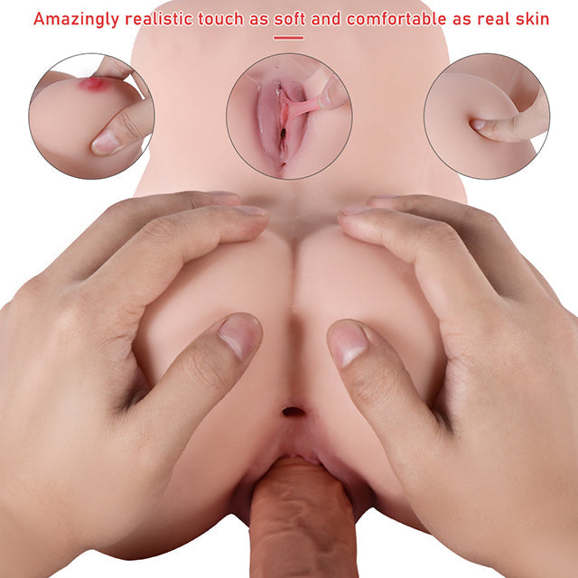 Realistic mini sex doll torso with hands holding breasts, detailed view of textured vagina and anus, and text that reads 'Amazingly realistic touch as soft and comfortable as real skin.'