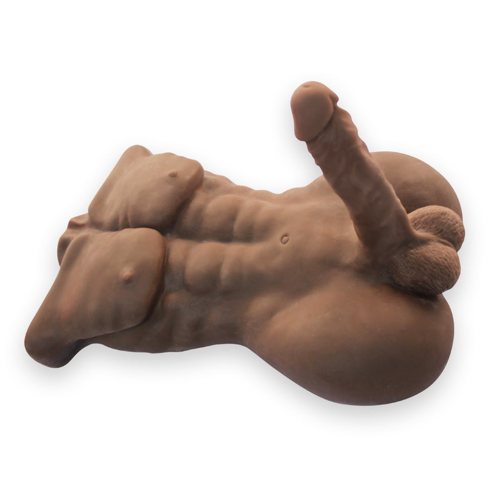 Muscular male torso sex doll with defined chest and abs and a 7.1-inch erect penis made from premium TPE material.