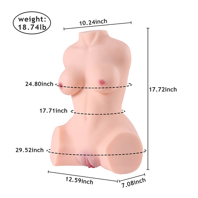 Life-size mini luxury torso sex doll with realistic features and measurements: Bust 24.80in, Waist 17.71in, Hip Circumference 29.52in, Length 17.72in, Weight 18.74lbs.