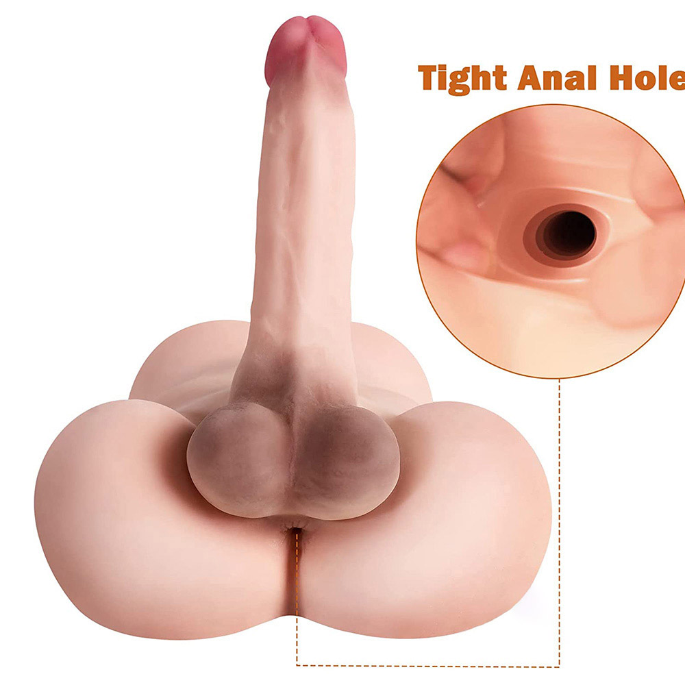 Male torso sex doll with a detailed 7-inch erect dildo and lifelike testicles, featuring a close-up of the tight anal hole with 'Tight Anal Hole' text.