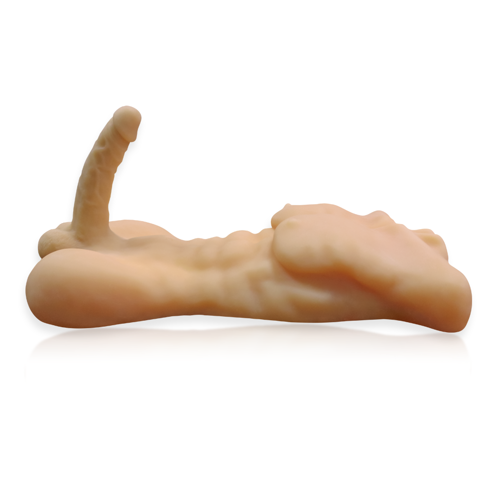 Lifelike male torso sex doll featuring detailed abs, chest muscles, and a prominent erect penis, crafted from premium skin-like TPE material.