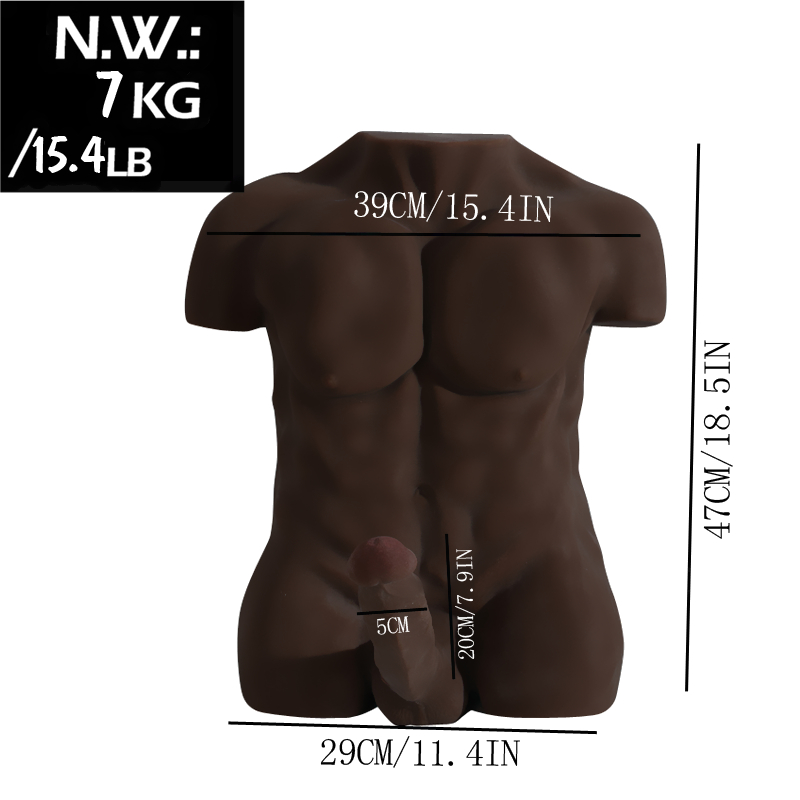 Dark chocolate-colored male torso sex doll with 7.9-inch erect penis and measurements displayed: height 47cm, shoulder width 39cm, hip width 29cm. Weight 7kg / 15.4lb.