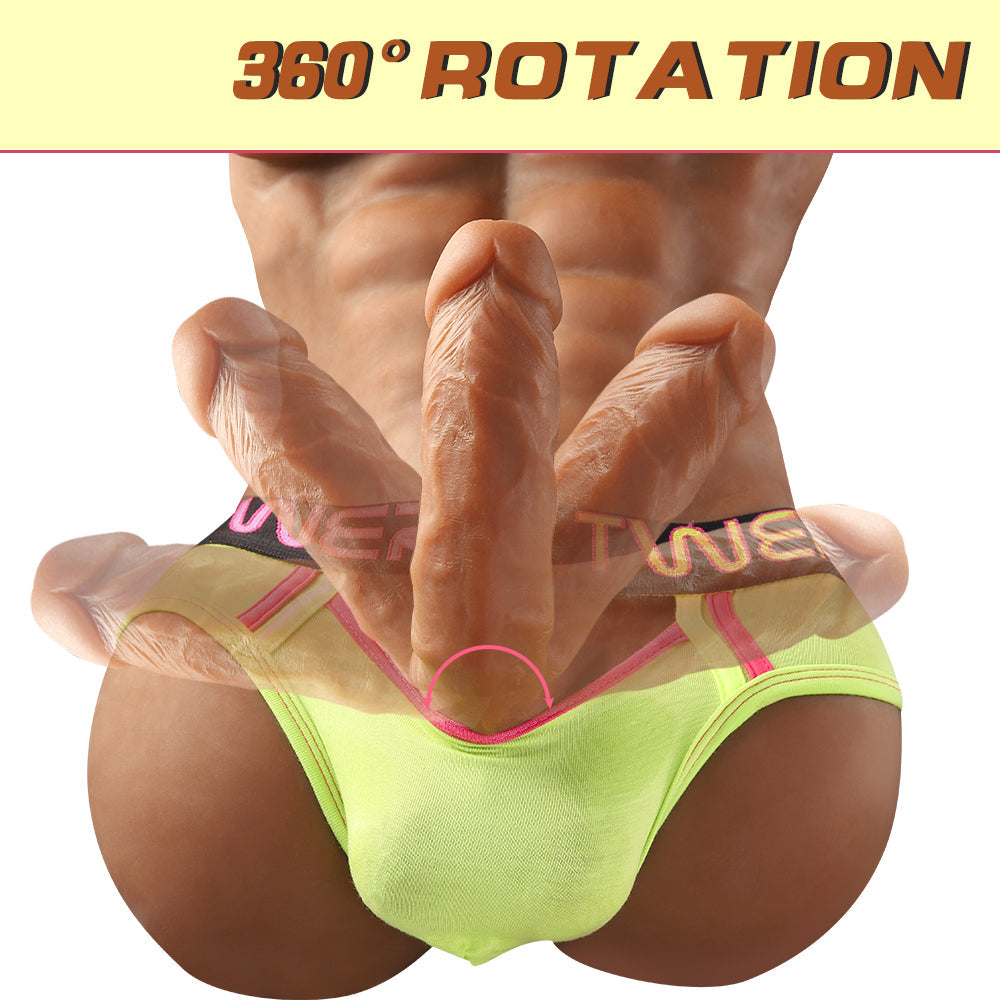 Male sex doll torso with neon green underwear demonstrating 360-degree penis rotation capability