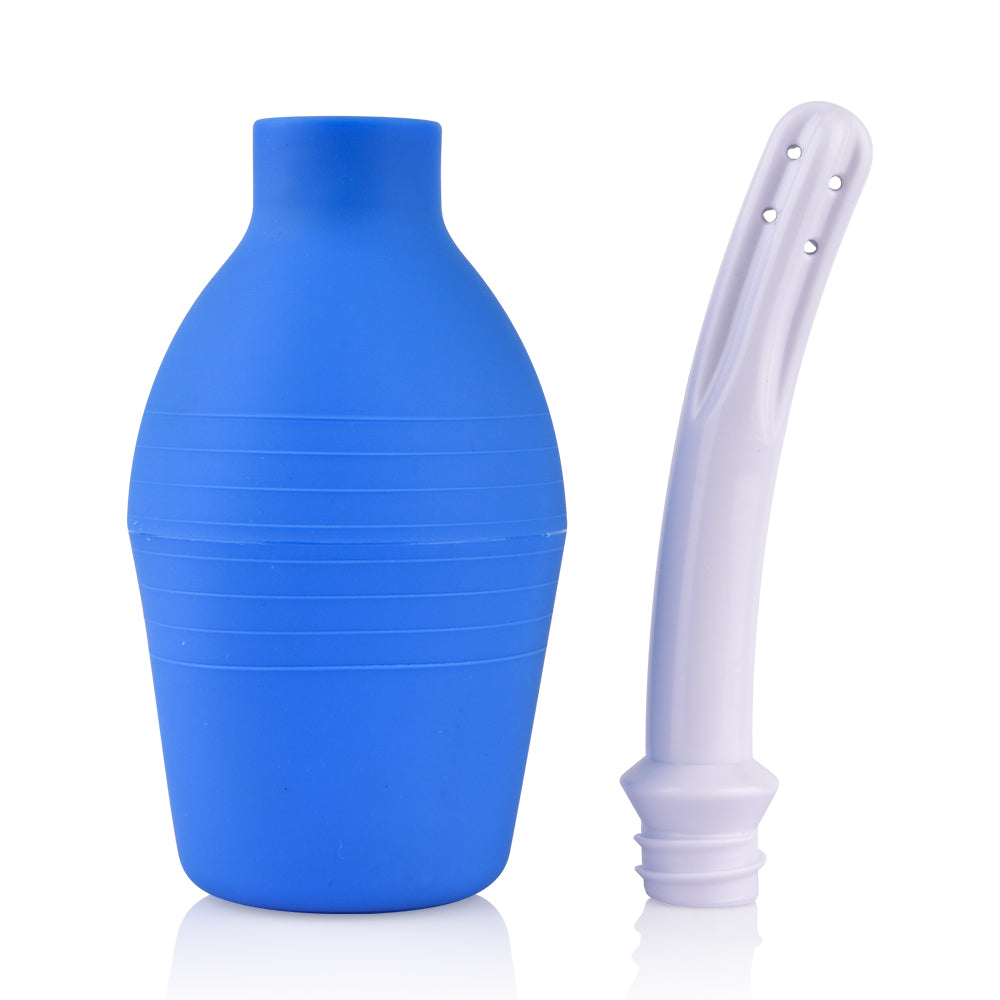 Lilysuck 310mL Portable Sex Doll Washer featuring a blue, bulb-shaped, elastic memory silicone water container and a white nozzle with multiple spray holes for efficient cleaning