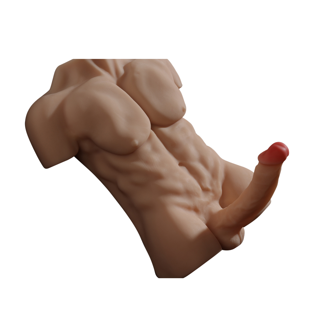Realistic male torso sex doll with defined chest muscles, 8-pack abs, and a large erect penis with a red tip, against a white background.
