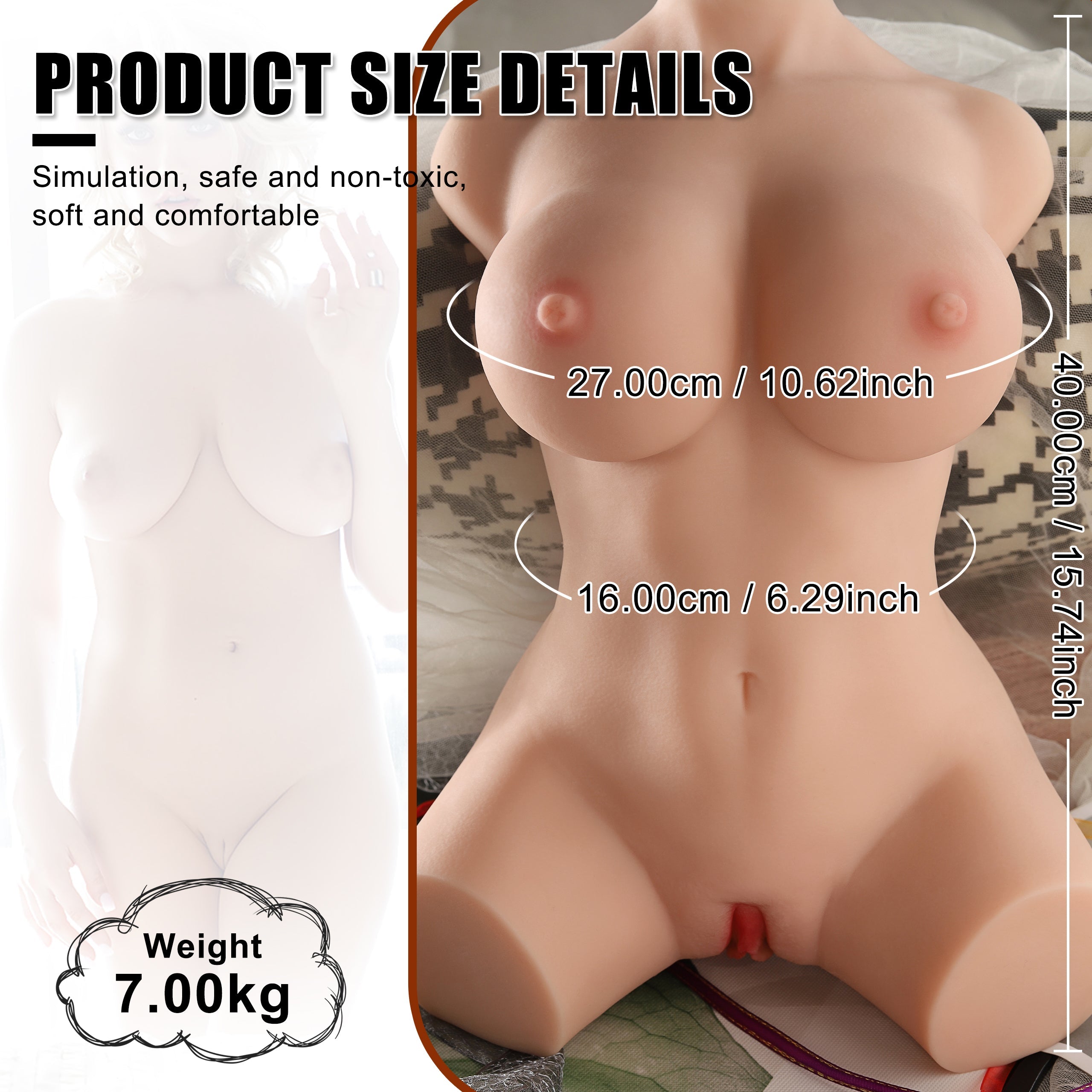Melida realistic sex doll torso with product size details including 15.74 inches length, 10.62 inches bust, 6.29 inches waist, and weight of 7.00kg. Simulation, safe, non-toxic, soft, and comfortable material.