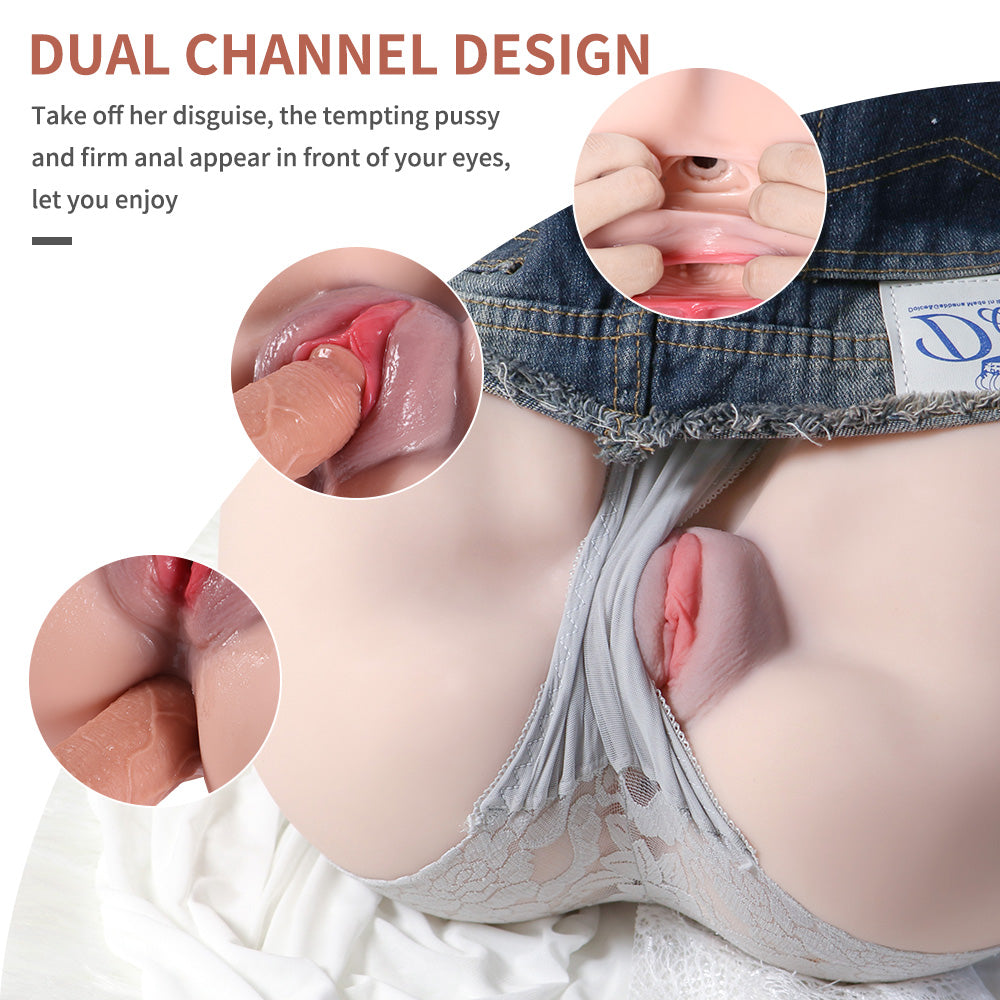 Realistic sex doll torso highlighting dual channel design, featuring both vaginal and anal orifices, partially undressed with lace lingerie and denim shorts.