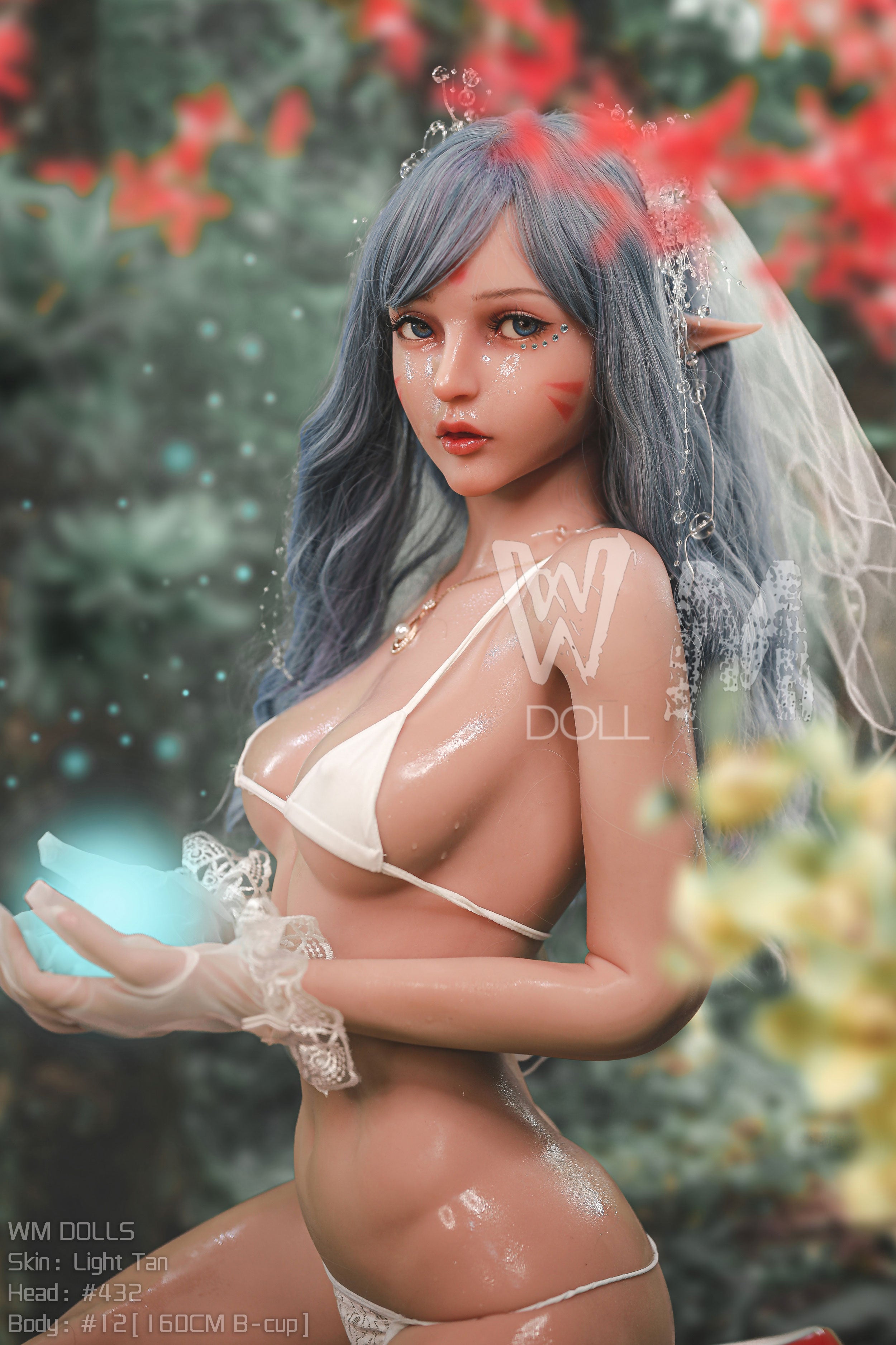 Simona TPE sex doll in white bikini, light tan skin, blue hair. WM DOLLS