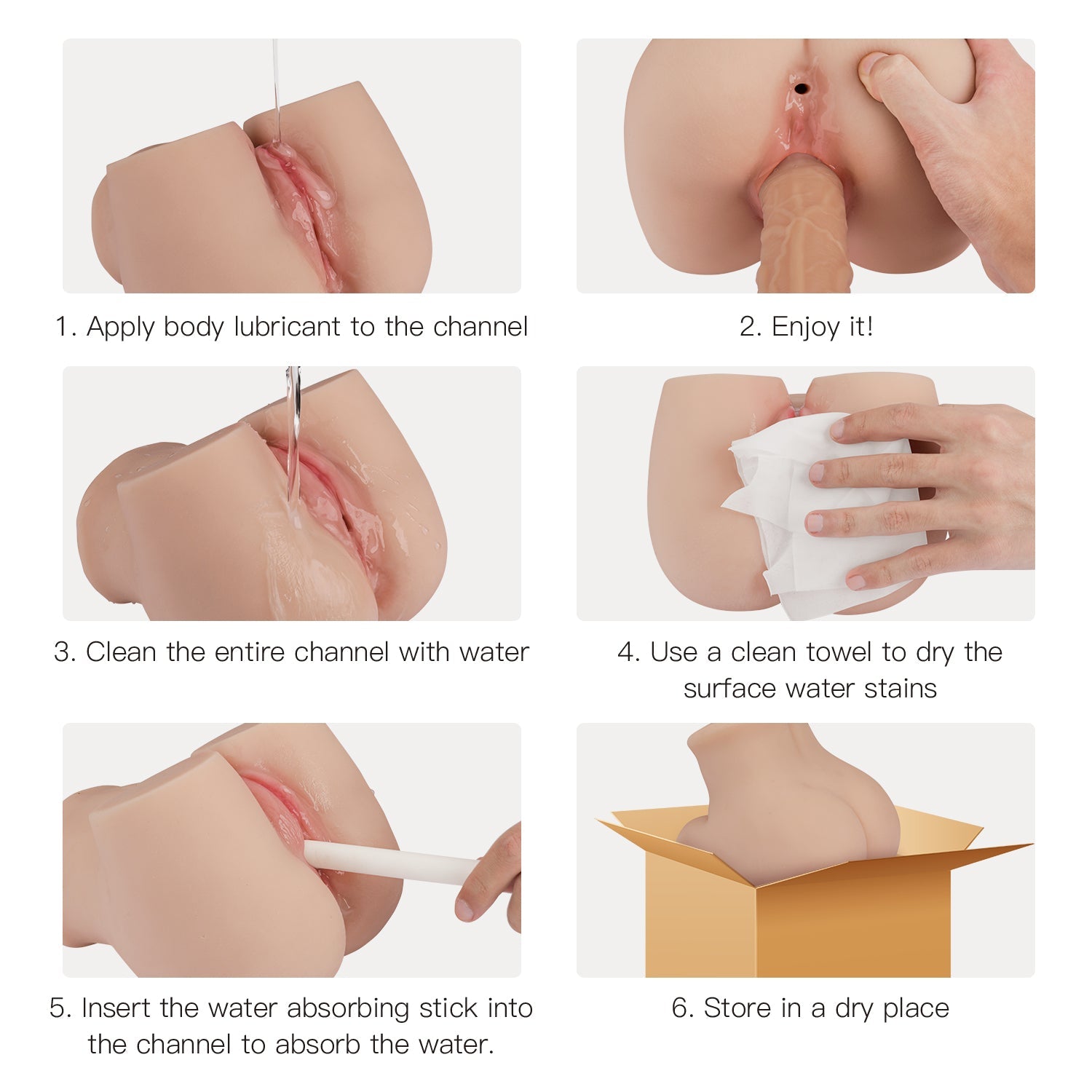 Step-by-step guide to using and cleaning Minnion 5LB Realistic Mini Sex Doll Torso. Steps include applying lubricant, enjoying, cleaning with water, drying with a towel, absorbing water with a stick, and storing in a dry place.