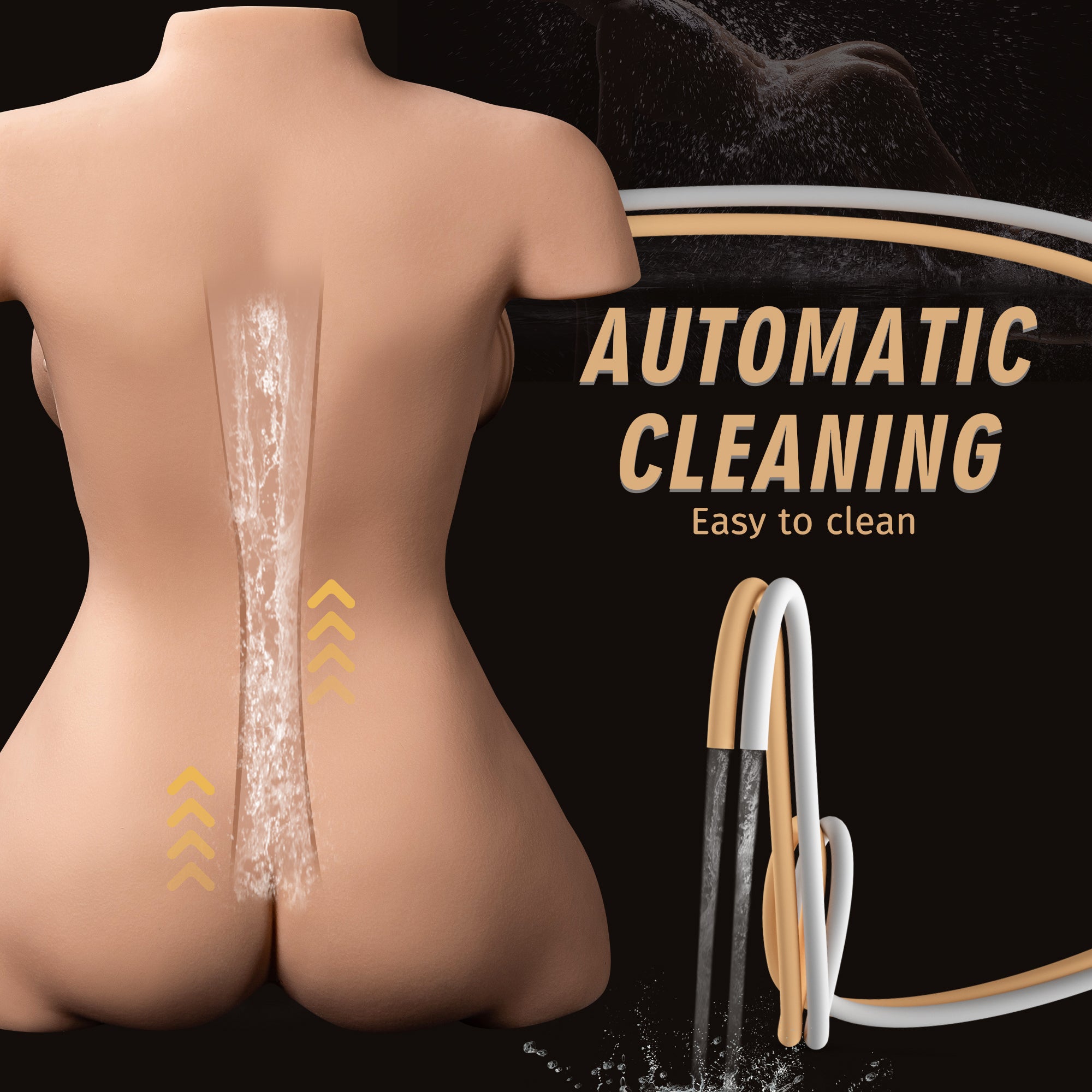 Back view of realistic life-size sex doll torso demonstrating automatic cleaning feature. Liquid shown being ejected with arrows indicating cleaning motion. Text reads 'Automatic Cleaning - Easy to clean' with cleaning mechanism visual.