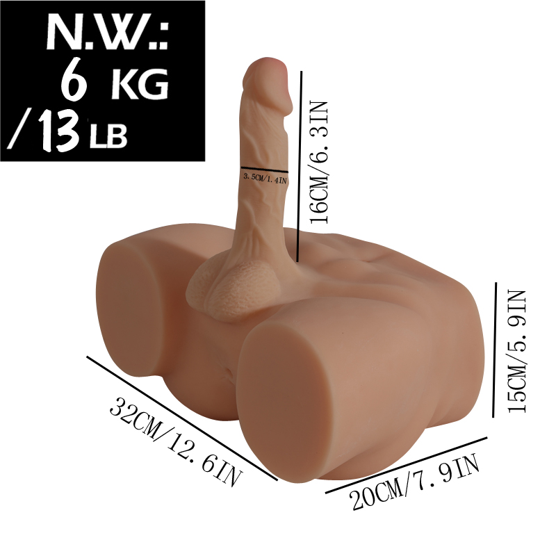 High-quality TPE male torso sex doll with anatomically correct penis and testicles. Measurements: 32cm width, 20cm depth, 15cm height, 16cm penis length, 3.5cm penis diameter. Weight: 6 kg (13 lb).