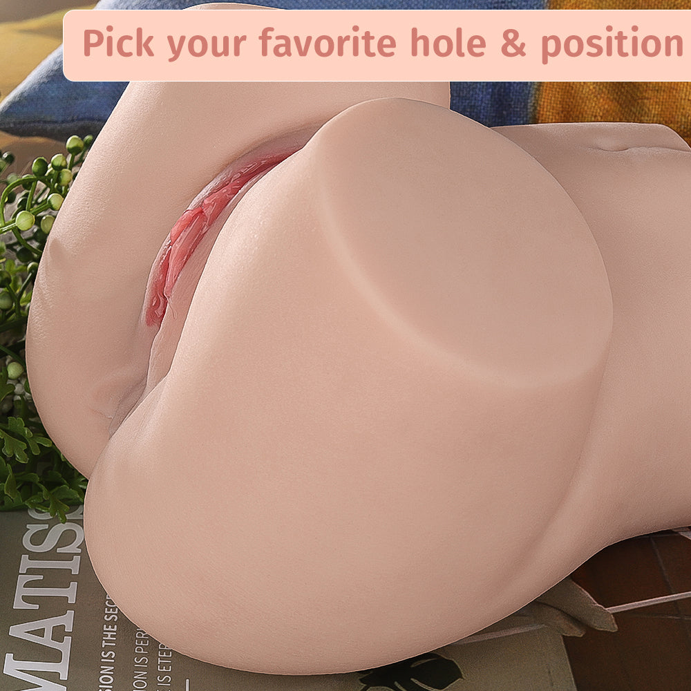 Realistic life-size mini ass sex doll torso with a banner text 'Pick your favorite hole & position'.