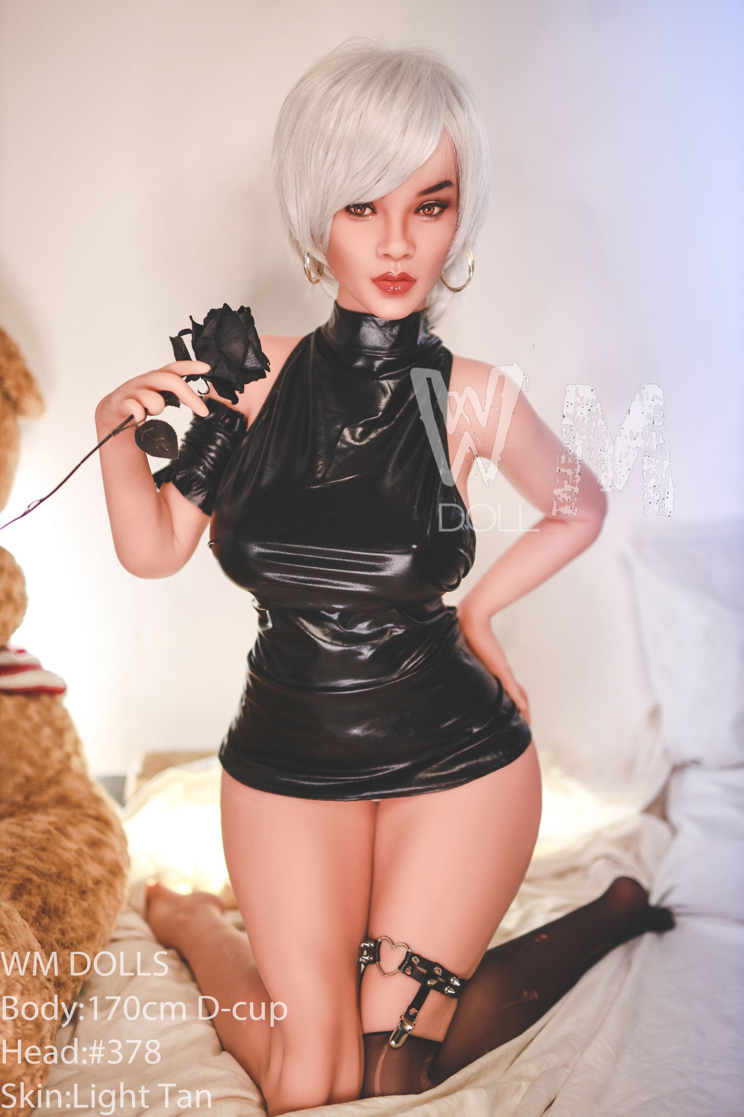 170cm D-cup sex doll in black dress, holding a black rose, WM DOLLS