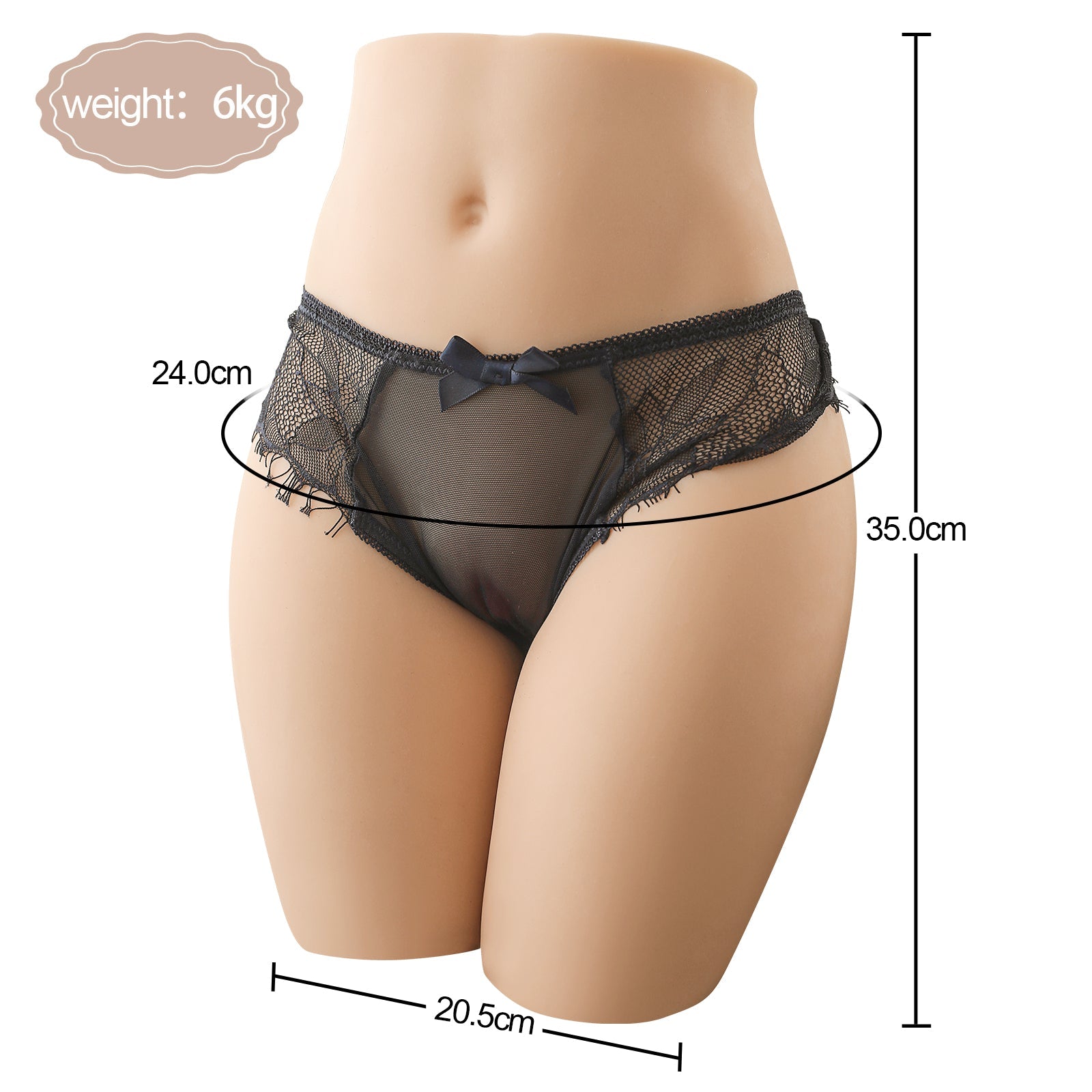 Realistic sex doll torso wearing black lace lingerie with measurements: Weight: 6kg, Waist Circumference: 24.0cm, Leg Width: 20.5cm, Length: 35.0cm.