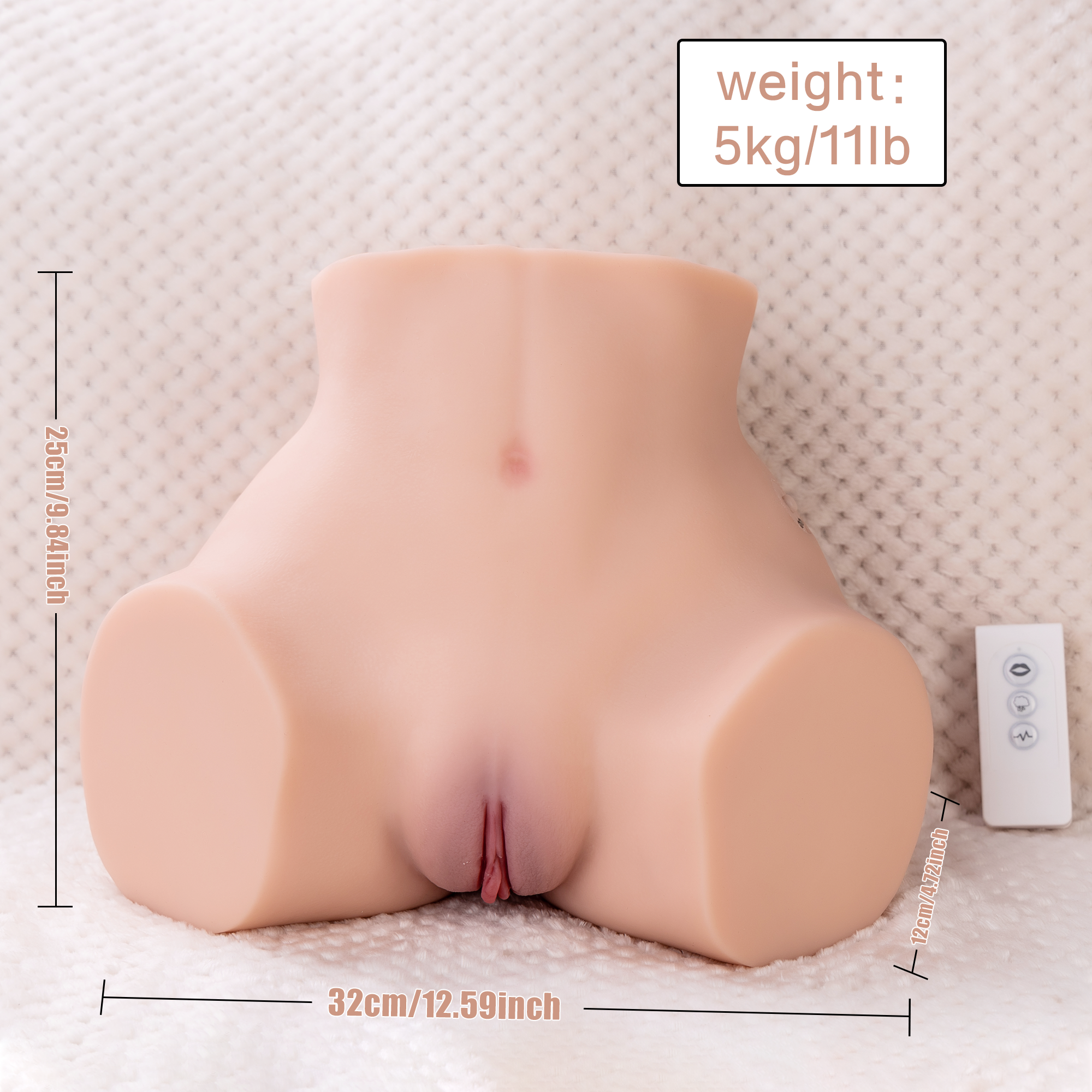 Realistic life-size sex doll torso with dimensions height 25cm (9.84 inches), width 32cm (12.59 inches), depth 12cm (4.72 inches), and weight 5kg (11lb). Remote control visible.