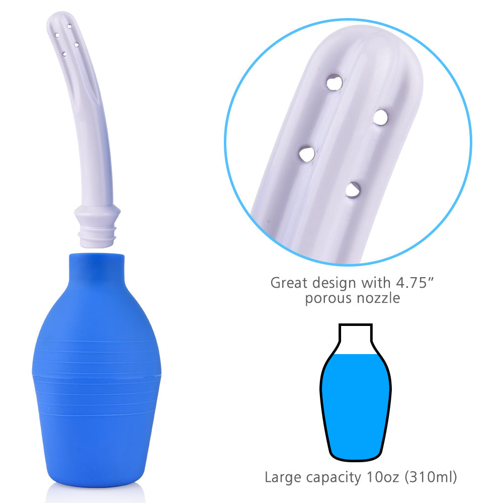 Lilysuck 310mL Portable Sex Doll Washer with 4.75” porous nozzle and a large capacity of 10oz. Close-up view of the nozzle showing multiple spray holes.