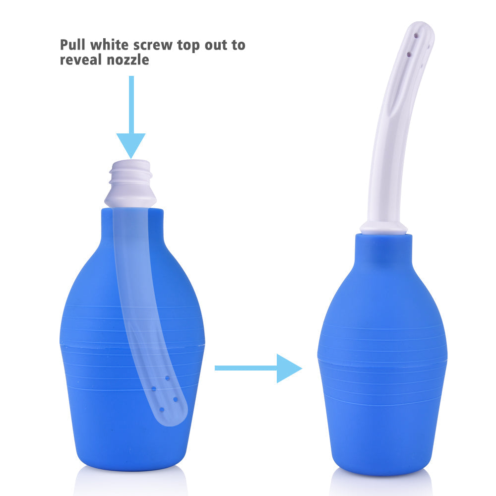 Blue bulb-shaped portable sex doll washer with a white screw top revealing a long nozzle, showing instructions to pull screw top out to reveal nozzle