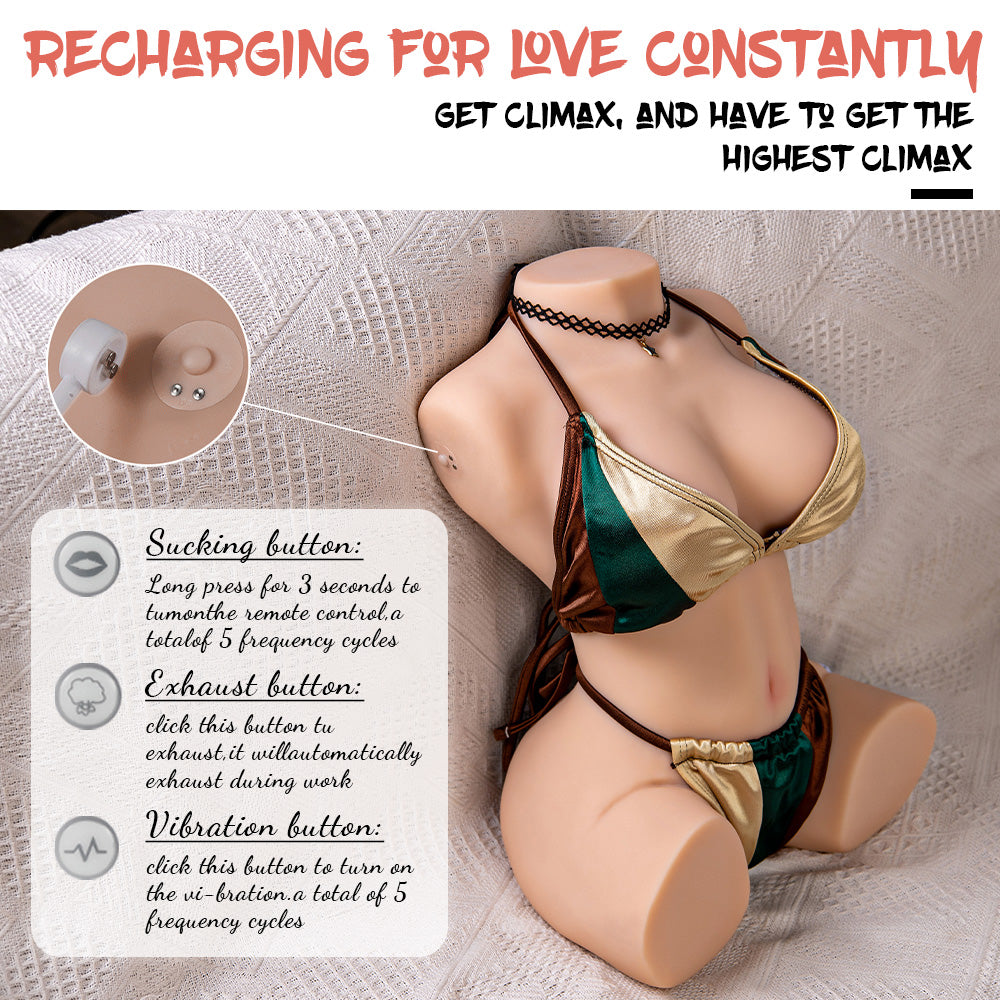 Mini TPE sex doll torso wearing a multi-colored bikini with descriptive text overlays about its functions including sucking, exhaust, and vibration buttons to enhance the sexual experience.
