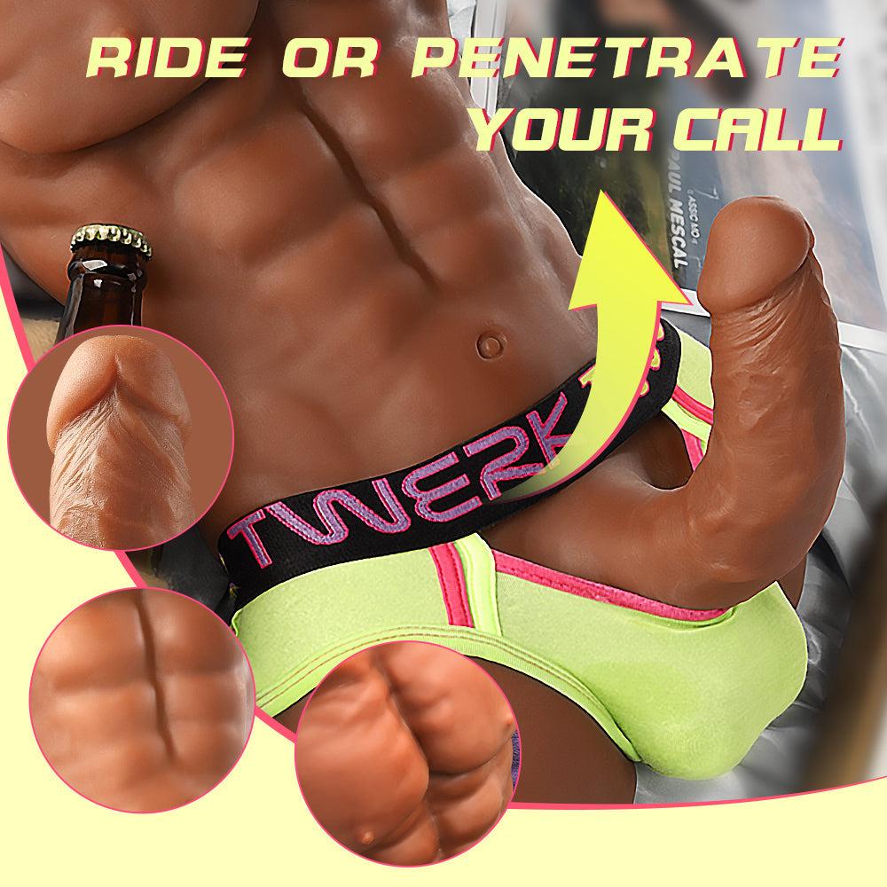 Close-up of male sex doll torso wearing neon green 'TWERK' labeled underwear with a flexible penis. Text reads 'RIDE OR PENETRATE YOUR CALL' with inset images highlighting realistic glans, abs, and genitals.
