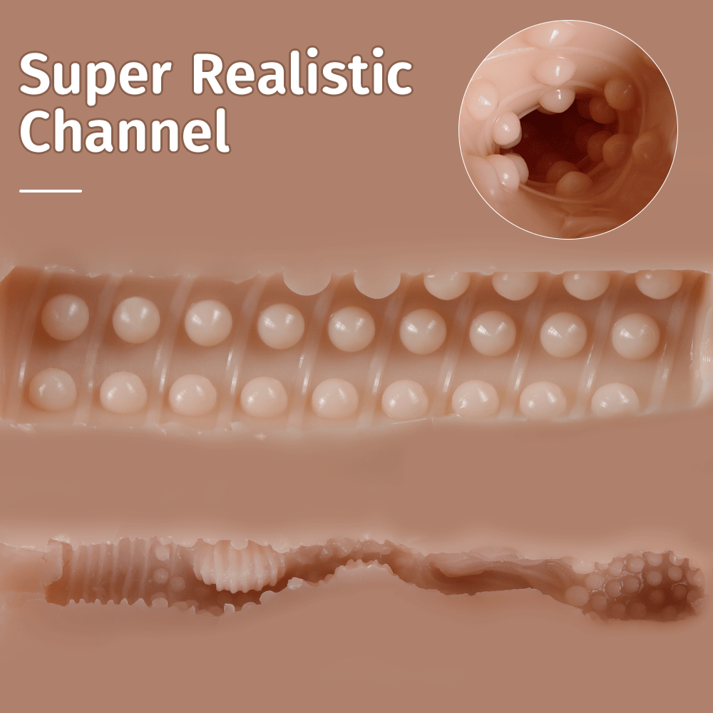 Sophia Auto torso sex doll inner texture showcasing super realistic channel design with detailed cross-sectional and zoomed-in views, highlighting bumpy patterns for enhanced realism.