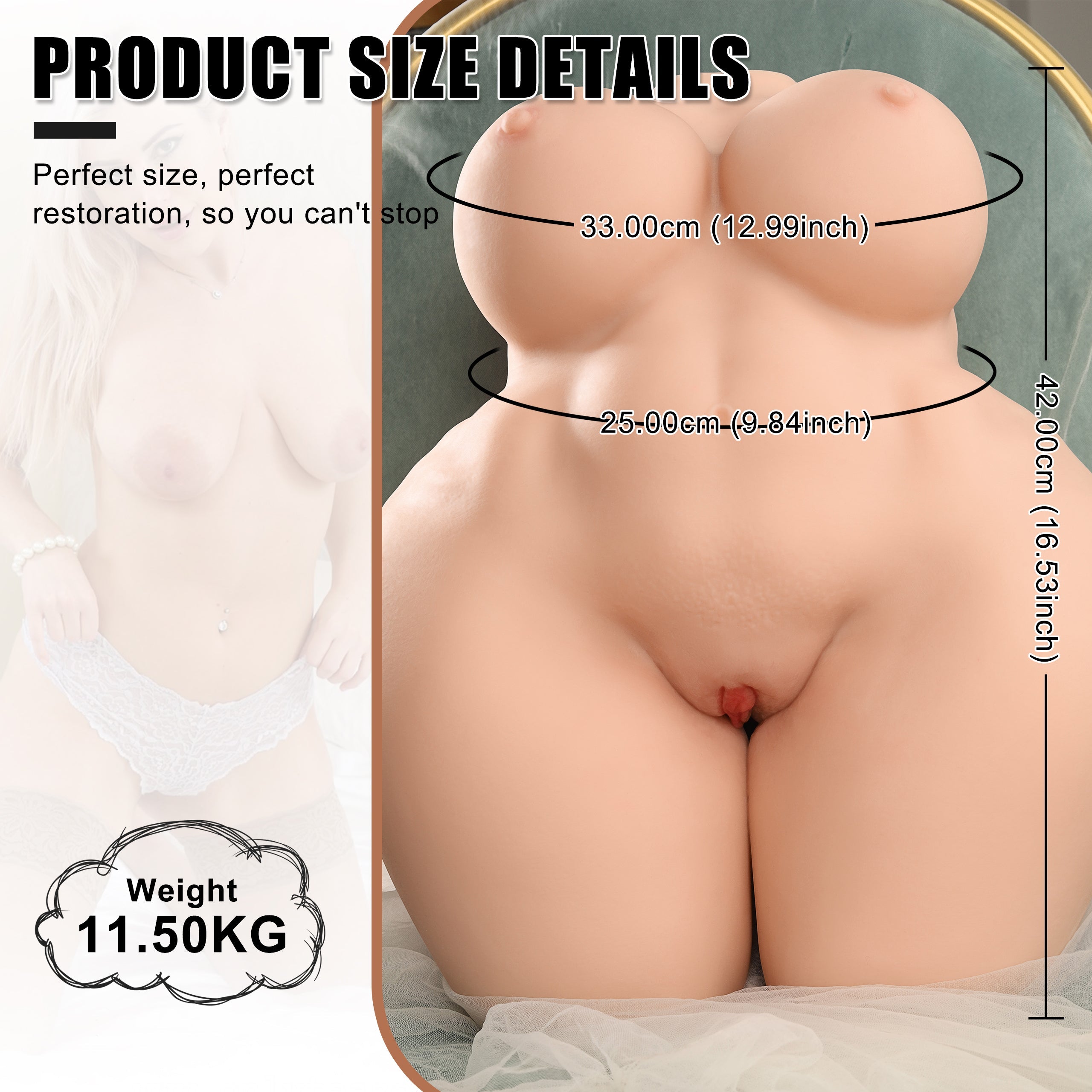 Product size details of Alma lifelike torso sex doll with bust measurement 33.00cm (12.99 inch), waist measurement 25.00cm (9.84 inch), length 42.00cm (16.53 inch), and weight 11.50 kg
